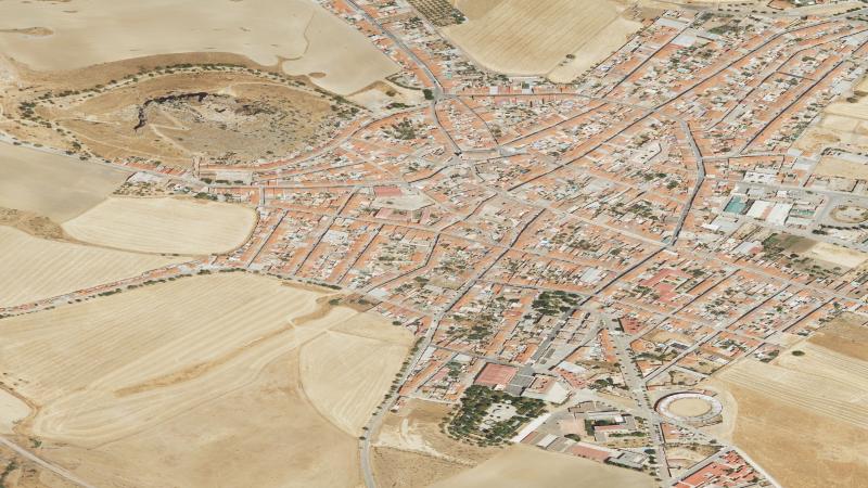 Vista aérea de la zona de la Calle Aduana en Belmez, Córdoba, utilizada como imagen de referencia para la subasta