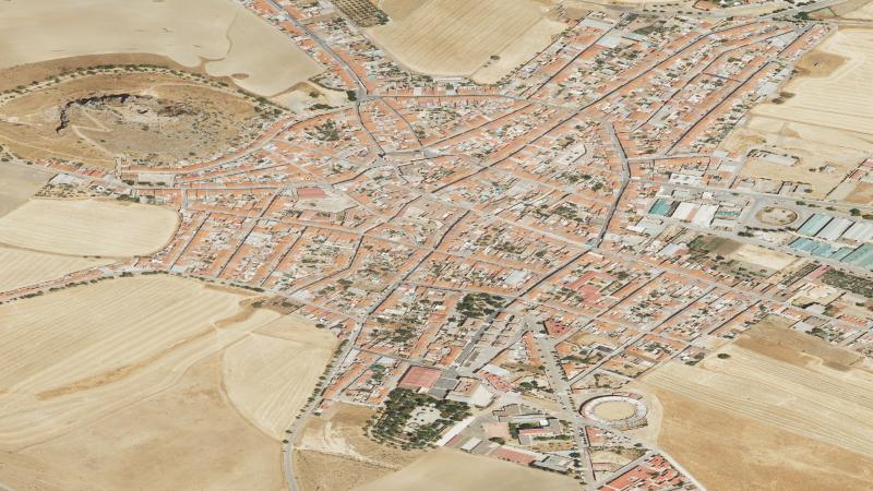 Vista aérea de la zona de la Calle Río en Belmez, Córdoba, utilizada como imagen de referencia para la subasta